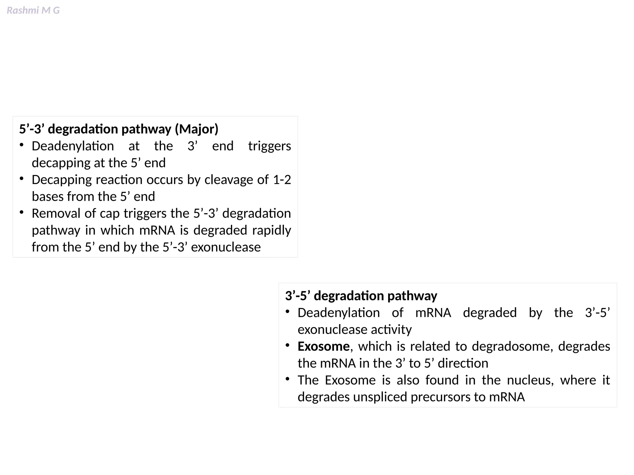 Rashmi M G
5’-3’ degradation pathway (Major)
• Deadenylation at the 3’ end triggers
decapping at the 5’ end
• Decapping reaction occurs by cleavage of 1-2
bases from the 5’ end
• Removal of cap triggers the 5’-3’ degradation
pathway in which mRNA is degraded rapidly
from the 5’ end by the 5’-3’ exonuclease
3’-5’ degradation pathway
• Deadenylation of mRNA degraded by the 3’-5’
exonuclease activity
• Exosome, which is related to degradosome, degrades
the mRNA in the 3’ to 5’ direction
• The Exosome is also found in the nucleus, where it
degrades unspliced precursors to mRNA
 