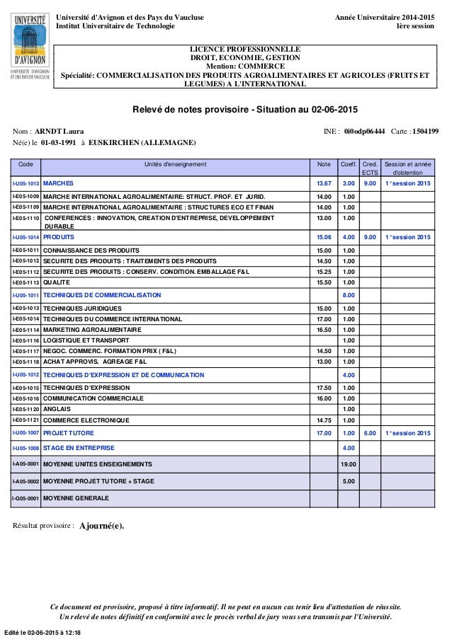 Relevé de notes LAURA ARNDT