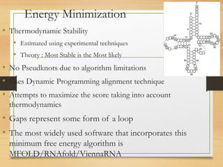 Energy Minimization
• Thermodynamic Stability
• Estimated using experimental techniques
• Theory : Most Stable is the Most likely
• No Pseudknots due to algorithm limitations
• Uses Dynamic Programming alignment technique
• Attempts to maximize the score taking into account
thermodynamics
• Gaps represent some form of a loop
• The most widely used software that incorporates this
minimum free energy algorithm is
MFOLD/RNAfold/ViennaRNA
 