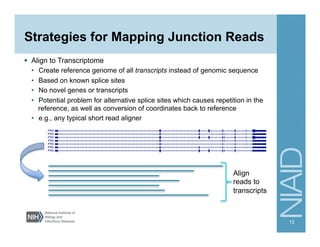 Strategies for Mapping Junction Reads
§  Align to Transcriptome
•  Create reference genome of all transcripts instead of genomic sequence
•  Based on known splice sites
•  No novel genes or transcripts
•  Potential problem for alternative splice sites which causes repetition in the
reference, as well as conversion of coordinates back to reference
•  e.g., any typical short read aligner
12
Align
reads to
transcripts
 