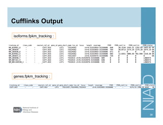 Cufflinks Output
38
isoforms.fpkm_tracking :
genes.fpkm_tracking :
 