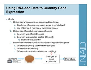 Using RNA-seq Data to Quantify Gene
Expression
§  Goals:
1.  Determine which genes are expressed in a tissue
a.  Catalogue of genes expressed above a certain level
b.  List of the top X number of expressed genes
2.  Determine differential expression of genes
a.  Between two different tissues
b.  Between two samples treated differently
1)  treatment versus control
3.  Determine differential post-transcriptional regulation of genes
a.  Differential splicing between two samples
b.  Differential RNA editing
c.  Differential translation (ribosomal profiling)
46
Treatment
Changes in
Gene
Expression
Phenotype
?
 