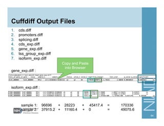 Cuffdiff Output Files
1.  cds.diff
2.  promoters.diff
3.  splicing.diff
4.  cds_exp.diff
5.  gene_exp.diff
6.  tss_group_exp.diff
7.  isoform_exp.diff
64
gene_exp.diff :
isoform_exp.diff :
sample 1: 96696 + 28223 + 45417.4 = 170336
sample 2: 37915.2 + 11160.4 + 0 = 49075.6
Copy and Paste
into Browser
 