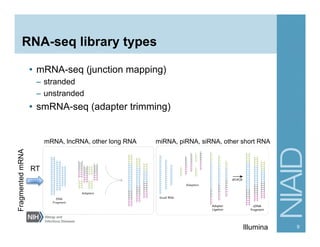 RNA-seq library types
•  mRNA-seq (junction mapping)
–  stranded
–  unstranded
•  smRNA-seq (adapter trimming)
9
3
roduction
This protocol explains how to prepare libraries of chromatin-immuno-
precipitated DNA for analysis on the Illumina Cluster Station and Genome
Analyzer. You will add adapter sequences onto the ends of DNA fragments
to generate the following template format:
Figure 1 Fragments after Sample Preparation
The adapter sequences correspond to the two surface-bound oligos on
the flow cells used in the Cluster Station.
DNA
Fragment
Adapters
3
Introduction
This protocol explains how to prepare libraries of small RNA for subsequent
cDNA sequencing on the Illumina Cluster Station and Genome Analyzer.
You will physically isolate small RNA, ligate the adapters necessary for use
during cluster creation, and reverse-transcribe and PCR to generate the
following template format:
Figure 1 Fragments after Sample Preparation
The 5’ small RNA adapter is necessary for reverse transcription and
amplification of the small RNA fragment. This adapter also contains the DNA
sequencing primer binding site. The 3’ small RNA adapter corresponds to
the surface bound amplification primer on the flow cell used on the Cluster
Station.
Small RNA
Adapters
cDNA
Fragment
Adapter
Ligation
RT-PCR
Illumina
miRNA, piRNA, siRNA, other short RNA
mRNA, lncRNA, other long RNA
Fragmented
mRNA
RT
 