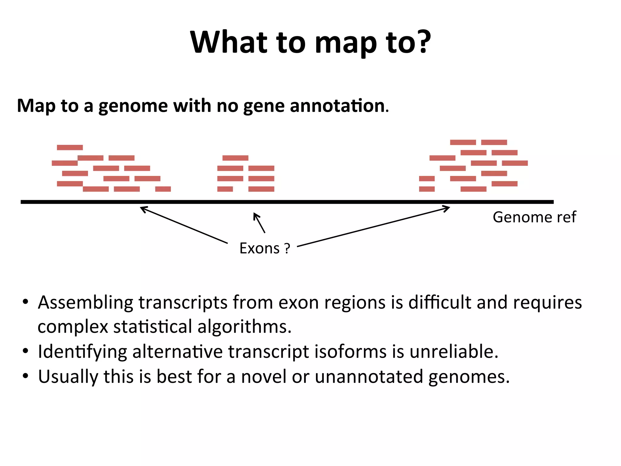 What	
  to	
  map	
  to?	
  
Map	
  to	
  a	
  genome	
  with	
  no	
  gene	
  annotaSon.	
  
•  Assembling	
  transcripts	
  from	
  exon	
  regions	
  is	
  diﬃcult	
  and	
  requires	
  
complex	
  staIsIcal	
  algorithms.	
  
•  IdenIfying	
  alternaIve	
  transcript	
  isoforms	
  is	
  unreliable.	
  
•  Usually	
  this	
  is	
  best	
  for	
  a	
  novel	
  or	
  unannotated	
  genomes.	
  	
  	
  
Exons	
  ?	
  
Genome	
  ref	
  
 