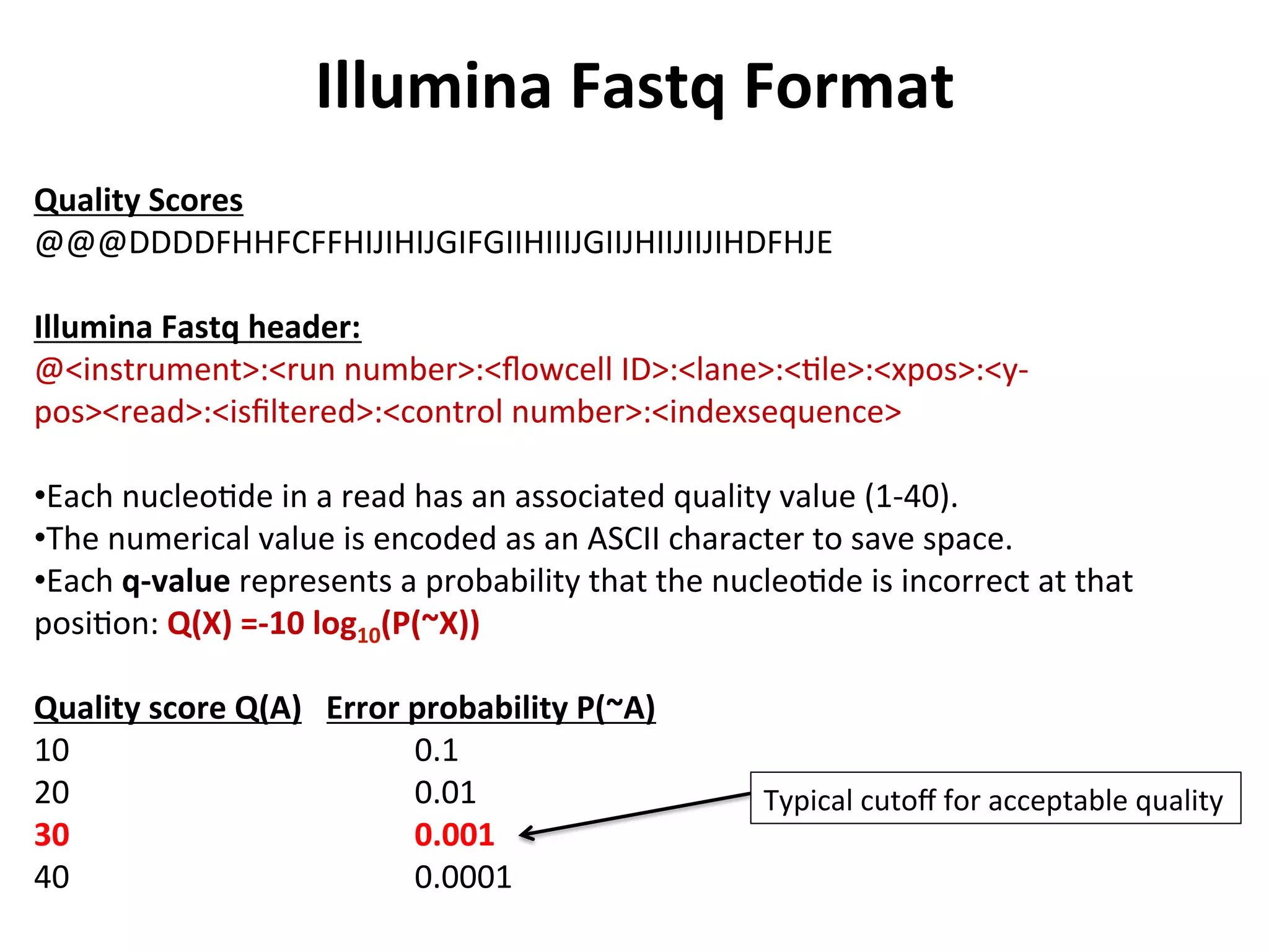Illumina	
  Fastq	
  Format	
  
Quality	
  Scores	
  
@@@DDDDFHHFCFFHIJIHIJGIFGIIHIIIJGIIJHIIJIIJIHDFHJE	
  
	
  
Illumina	
  Fastq	
  header:	
  
@<instrument>:<run	
  number>:<ﬂowcell	
  ID>:<lane>:<%le>:<xpos>:<y-­‐
pos><read>:<isﬁltered>:<control	
  number>:<indexsequence>	
  
	
  
• Each	
  nucleo%de	
  in	
  a	
  read	
  has	
  an	
  associated	
  quality	
  value	
  (1-­‐40).	
  	
  
• The	
  numerical	
  value	
  is	
  encoded	
  as	
  an	
  ASCII	
  character	
  to	
  save	
  space.	
  	
  	
  
• Each	
  q-­‐value	
  represents	
  a	
  probability	
  that	
  the	
  nucleo%de	
  is	
  incorrect	
  at	
  that	
  
posi%on:	
  Q(X)	
  =-­‐10	
  log10(P(~X))	
  
	
  
Quality	
  score	
  Q(A)	
  	
  	
  Error	
  probability	
  P(~A)	
  
10	
   	
   	
   	
  0.1	
  
20	
   	
   	
   	
  0.01	
  
30	
   	
   	
   	
  0.001 	
  	
  
40 	
   	
   	
  0.0001	
  
Typical	
  cutoﬀ	
  for	
  acceptable	
  quality	
  
 