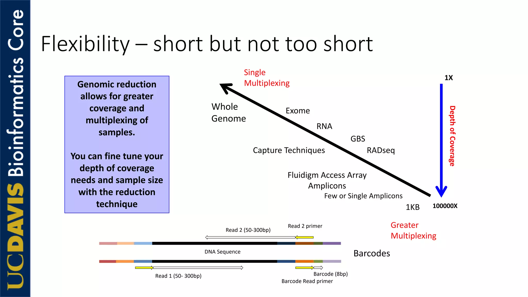Flexibility – short but not too short
DNA Sequence
Read 1 (50- 300bp)
Read 2 (50-300bp)
Read 2 primer
Barcode (8bp)
Barcode Read primer
DepthofCoverage
1X
100000X
Whole
Genome
1KB
GBS
Capture Techniques
Fluidigm Access Array
Amplicons
Few or Single Amplicons
Genomic reduction
allows for greater
coverage and
multiplexing of
samples.
You can fine tune your
depth of coverage
needs and sample size
with the reduction
technique
RADseq
Greater
Multiplexing
Single
Multiplexing
Barcodes
Exome
RNA
 