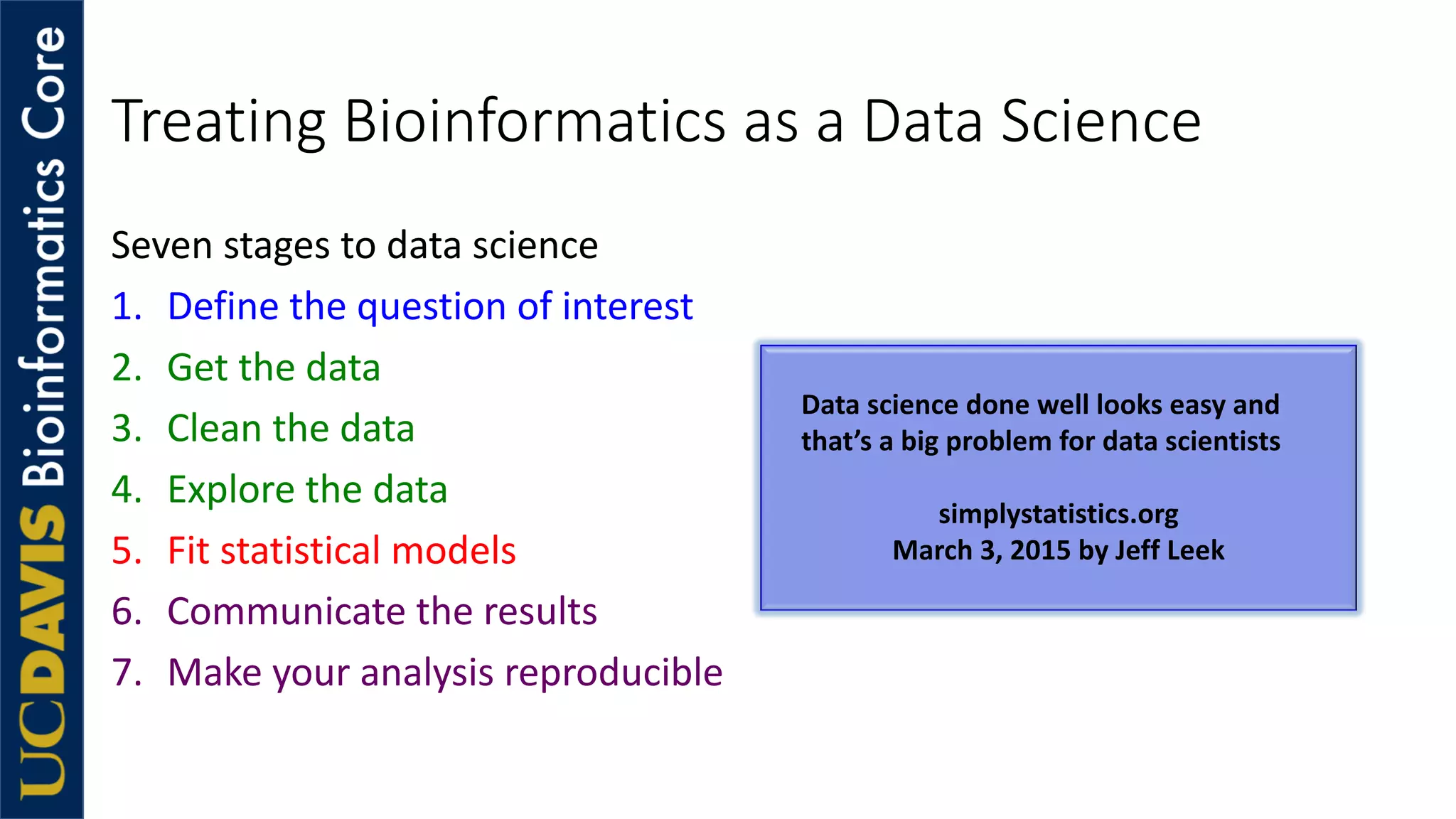 Treating Bioinformatics as a Data Science
Seven stages to data science
1. Define the question of interest
2. Get the data
3. Clean the data
4. Explore the data
5. Fit statistical models
6. Communicate the results
7. Make your analysis reproducible
Data science done well looks easy and
that’s a big problem for data scientists
simplystatistics.org
March 3, 2015 by Jeff Leek
 