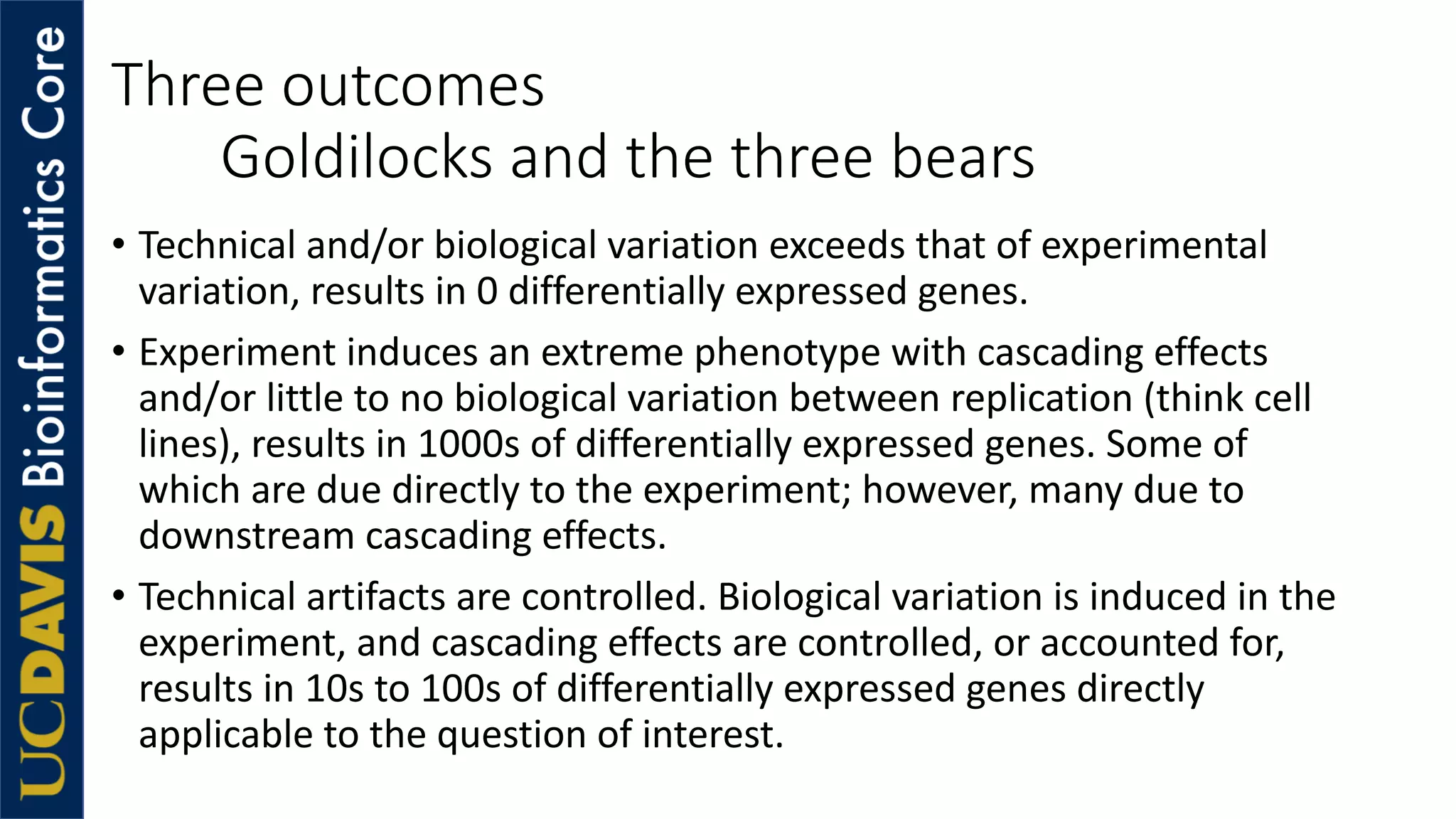 Three outcomes
Goldilocks and the three bears
• Technical and/or biological variation exceeds that of experimental
variation, results in 0 differentially expressed genes.
• Experiment induces an extreme phenotype with cascading effects
and/or little to no biological variation between replication (think cell
lines), results in 1000s of differentially expressed genes. Some of
which are due directly to the experiment; however, many due to
downstream cascading effects.
• Technical artifacts are controlled. Biological variation is induced in the
experiment, and cascading effects are controlled, or accounted for,
results in 10s to 100s of differentially expressed genes directly
applicable to the question of interest.
 