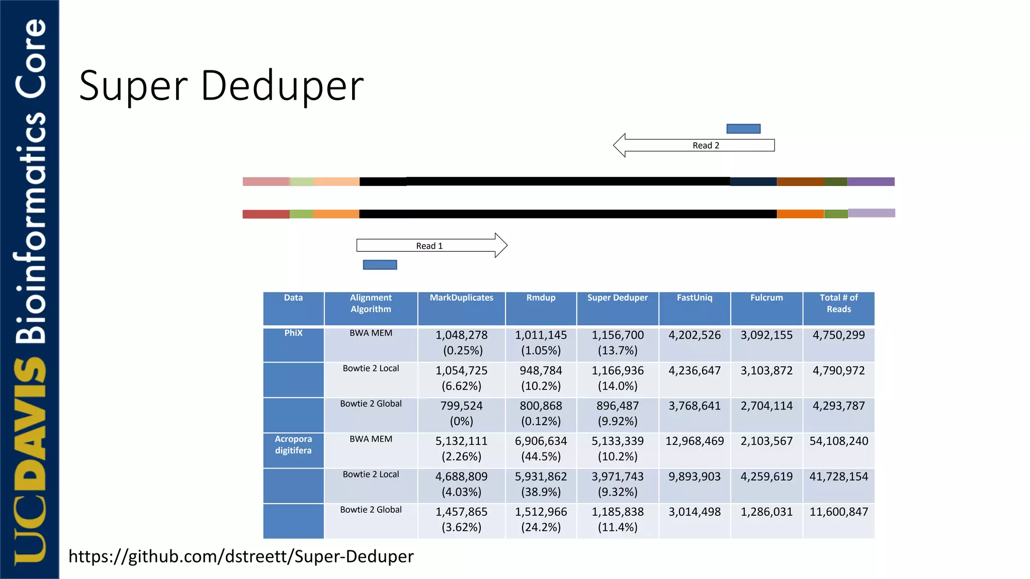 Super Deduper
https://github.com/dstreett/Super-Deduper
Read 1
Read 2
Data Alignment
Algorithm
MarkDuplicates Rmdup Super Deduper FastUniq Fulcrum Total # of
Reads
PhiX BWA MEM 1,048,278
(0.25%)
1,011,145
(1.05%)
1,156,700
(13.7%)
4,202,526 3,092,155 4,750,299
Bowtie 2 Local 1,054,725
(6.62%)
948,784
(10.2%)
1,166,936
(14.0%)
4,236,647 3,103,872 4,790,972
Bowtie 2 Global 799,524
(0%)
800,868
(0.12%)
896,487
(9.92%)
3,768,641 2,704,114 4,293,787
Acropora
digitifera
BWA MEM 5,132,111
(2.26%)
6,906,634
(44.5%)
5,133,339
(10.2%)
12,968,469 2,103,567 54,108,240
Bowtie 2 Local 4,688,809
(4.03%)
5,931,862
(38.9%)
3,971,743
(9.32%)
9,893,903 4,259,619 41,728,154
Bowtie 2 Global 1,457,865
(3.62%)
1,512,966
(24.2%)
1,185,838
(11.4%)
3,014,498 1,286,031 11,600,847
 