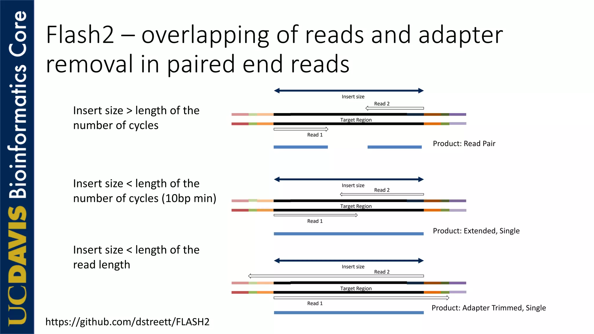 Flash2 – overlapping of reads and adapter
removal in paired end reads
Target Region
Read 1
Insert size
Read 2
Target Region
Read 1
Insert size
Read 2
Target Region
Read 1
Insert size
Read 2
Insert size > length of the
number of cycles
Insert size < length of the
number of cycles (10bp min)
Insert size < length of the
read length
Product: Read Pair
Product: Extended, Single
Product: Adapter Trimmed, Single
https://github.com/dstreett/FLASH2
 
