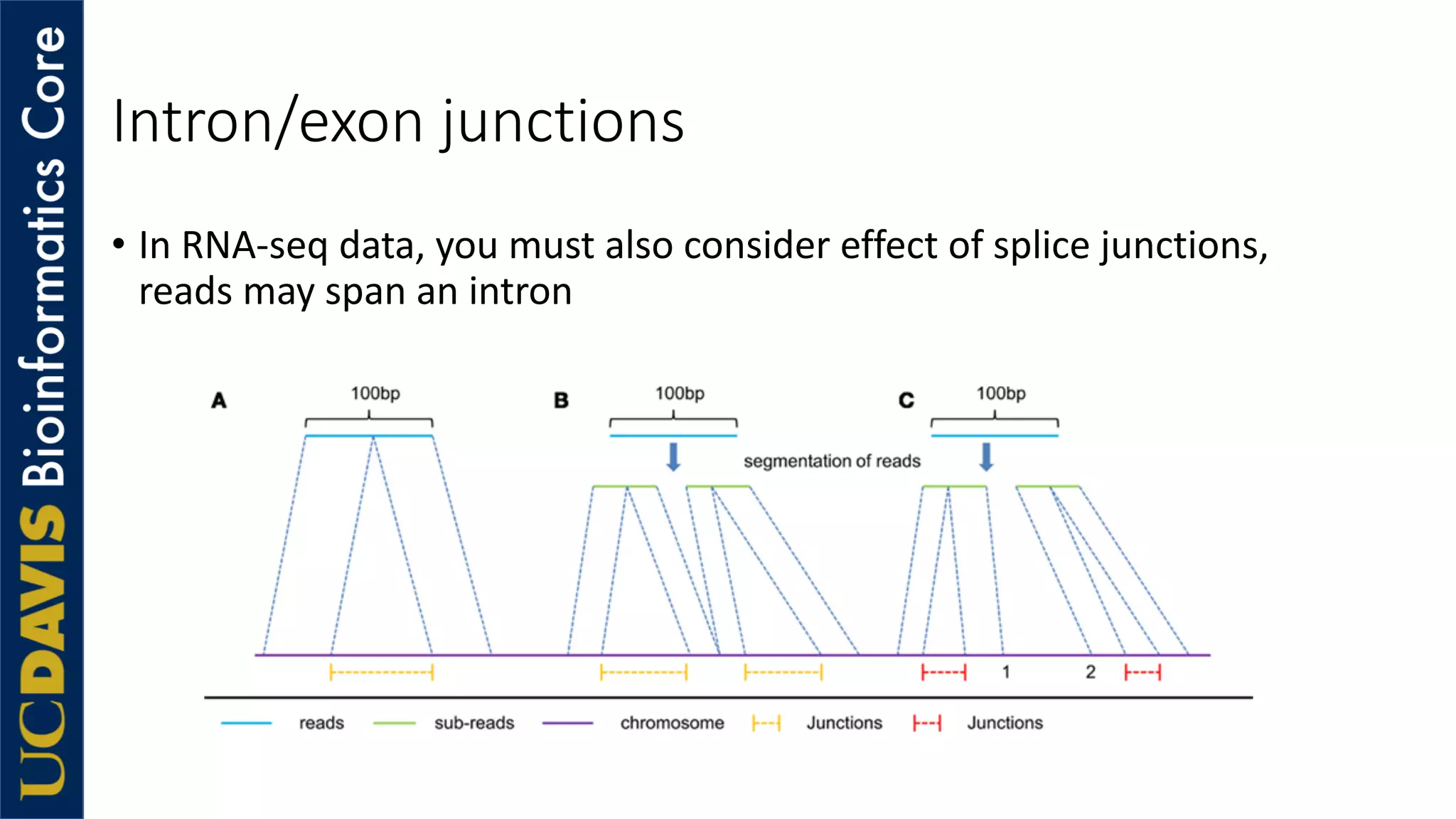 Intron/exon junctions
• In RNA-seq data, you must also consider effect of splice junctions,
reads may span an intron
 