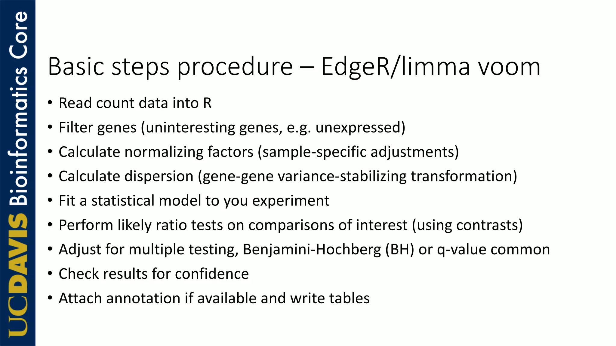 Basic steps procedure – EdgeR/limma voom
• Read count data into R
• Filter genes (uninteresting genes, e.g. unexpressed)
• Calculate normalizing factors (sample-specific adjustments)
• Calculate dispersion (gene-gene variance-stabilizing transformation)
• Fit a statistical model to you experiment
• Perform likely ratio tests on comparisons of interest (using contrasts)
• Adjust for multiple testing, Benjamini-Hochberg (BH) or q-value common
• Check results for confidence
• Attach annotation if available and write tables
 