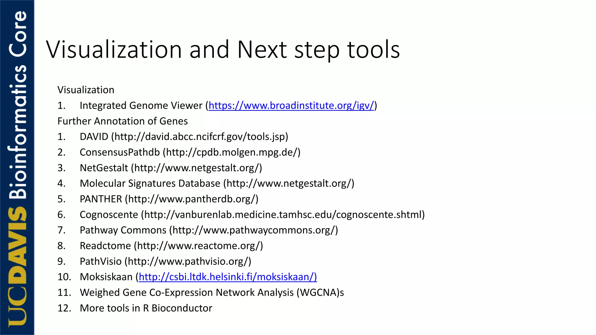 Visualization and Next step tools
Visualization
1. Integrated Genome Viewer (https://www.broadinstitute.org/igv/)
Further Annotation of Genes
1. DAVID (http://david.abcc.ncifcrf.gov/tools.jsp)
2. ConsensusPathdb (http://cpdb.molgen.mpg.de/)
3. NetGestalt (http://www.netgestalt.org/)
4. Molecular Signatures Database (http://www.netgestalt.org/)
5. PANTHER (http://www.pantherdb.org/)
6. Cognoscente (http://vanburenlab.medicine.tamhsc.edu/cognoscente.shtml)
7. Pathway Commons (http://www.pathwaycommons.org/)
8. Readctome (http://www.reactome.org/)
9. PathVisio (http://www.pathvisio.org/)
10. Moksiskaan (http://csbi.ltdk.helsinki.fi/moksiskaan/)
11. Weighed Gene Co-Expression Network Analysis (WGCNA)s
12. More tools in R Bioconductor
 