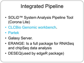 Integrated Pipeline

• SOLiD™ System Analysis Pipeline Tool
  (Corona Lite)
• CLCBio Genomic workbench.
• Partek
• Galaxy Server.
• ERANGE: Is a full package for RNASeq
  and chipSeq data analysis
• DESEQ(used by edgeR package)
 