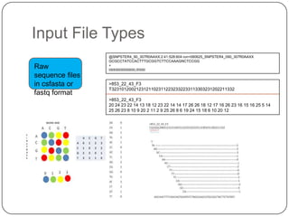 Input File Types
                 @SNPSTER4_90_307R0AAXX:2:41:528:604 run=080625_SNPSTER4_090_307R0AAXX
                 GCGCCTATCCACTTTGCGGTCTTCCAAAGNCTCCGG
Raw              +
                 IIIIIIIIIIIIIIIIIIIIIIIIII,II!IIIIII
sequence files
in csfasta or    >853_22_43_F3
                 T32310120021231211023112232332233113303231202211332
fastq format
                 >853_22_43_F3
                 20 24 23 22 14 13 18 12 23 22 14 14 17 26 26 18 12 17 16 26 23 16 15 16 25 5 14
                 25 26 23 8 10 9 20 2 11 2 9 25 26 8 6 19 24 15 18 6 10 20 12
 
