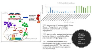 • Estrogen
Regulated
Proteins
• Oncogenic
• Bone
Metastasis
TFF3 is a promoter of angiogenesis in Breast
Cancer . This protein is secreted from
mammary carcinoma cells to promote
angiogenesis
TFF3 also promotes angiogenesis by direct
functional effects on endothelial cellular
processes promoting angiogenesis.
TFF3 stimulates angiogenesis to co-
coordinate with the growth promoting and
metastatic actions of TFF3 in mammary
carcinoma to enhance tumor progression
and dissemination.
0
2
4
6
8
10
12
LevelOfExpression
Breast Cancer Samples
Trefoil Factor 3 in Breast Cancer
 