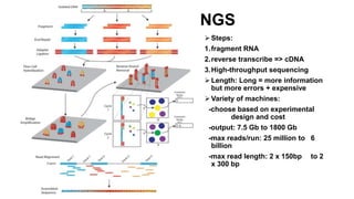 NGS
Steps:
1.fragment RNA
2.reverse transcribe => cDNA
3.High-throughput sequencing
Length: Long = more information
but more errors + expensive
Variety of machines:
-choose based on experimental
design and cost
-output: 7.5 Gb to 1800 Gb
-max reads/run: 25 million to 6
billion
-max read length: 2 x 150bp to 2
x 300 bp
 