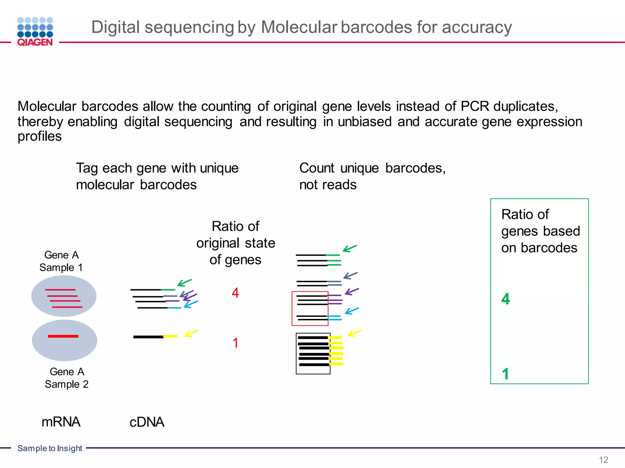 Sample to Insight
Digital sequencing by Molecular barcodes for accuracy
12
Molecular barcodes allow the counting of original gene levels instead of PCR duplicates,
thereby enabling digital sequencing and resulting in unbiased and accurate gene expression
profiles
mRNA cDNA
Ratio of
original state
of genes
4
1
Gene A
Sample 1
Gene A
Sample 2
Ratio of
genes based
on barcodes
4
1
Tag each gene with unique
molecular barcodes
Count unique barcodes,
not reads
 