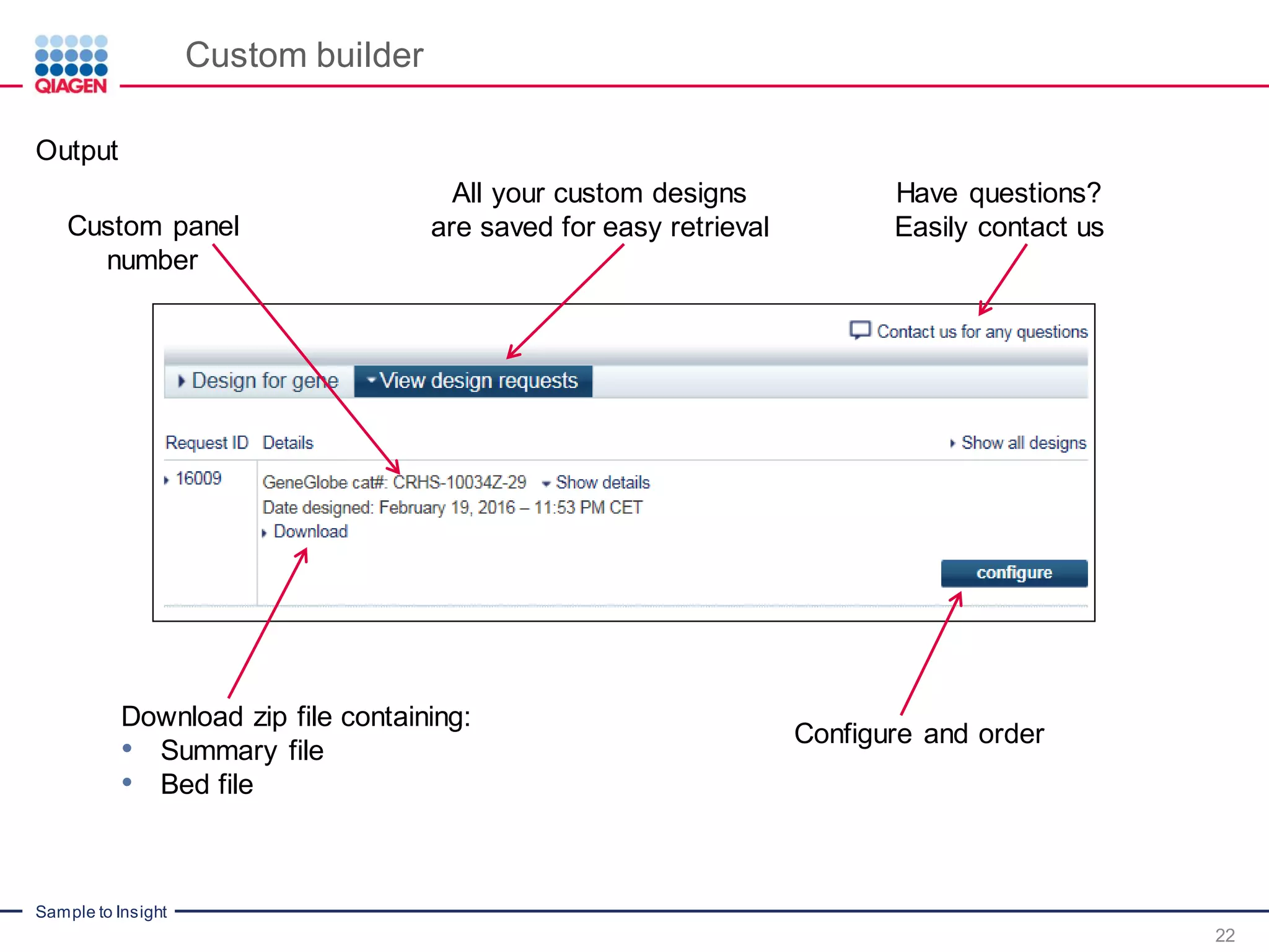 Sample to Insight
Custom builder
22
Output
Download zip file containing:
• Summary file
• Bed file
All your custom designs
are saved for easy retrieval
Have questions?
Easily contact us
Configure and order
Custom panel
number
 