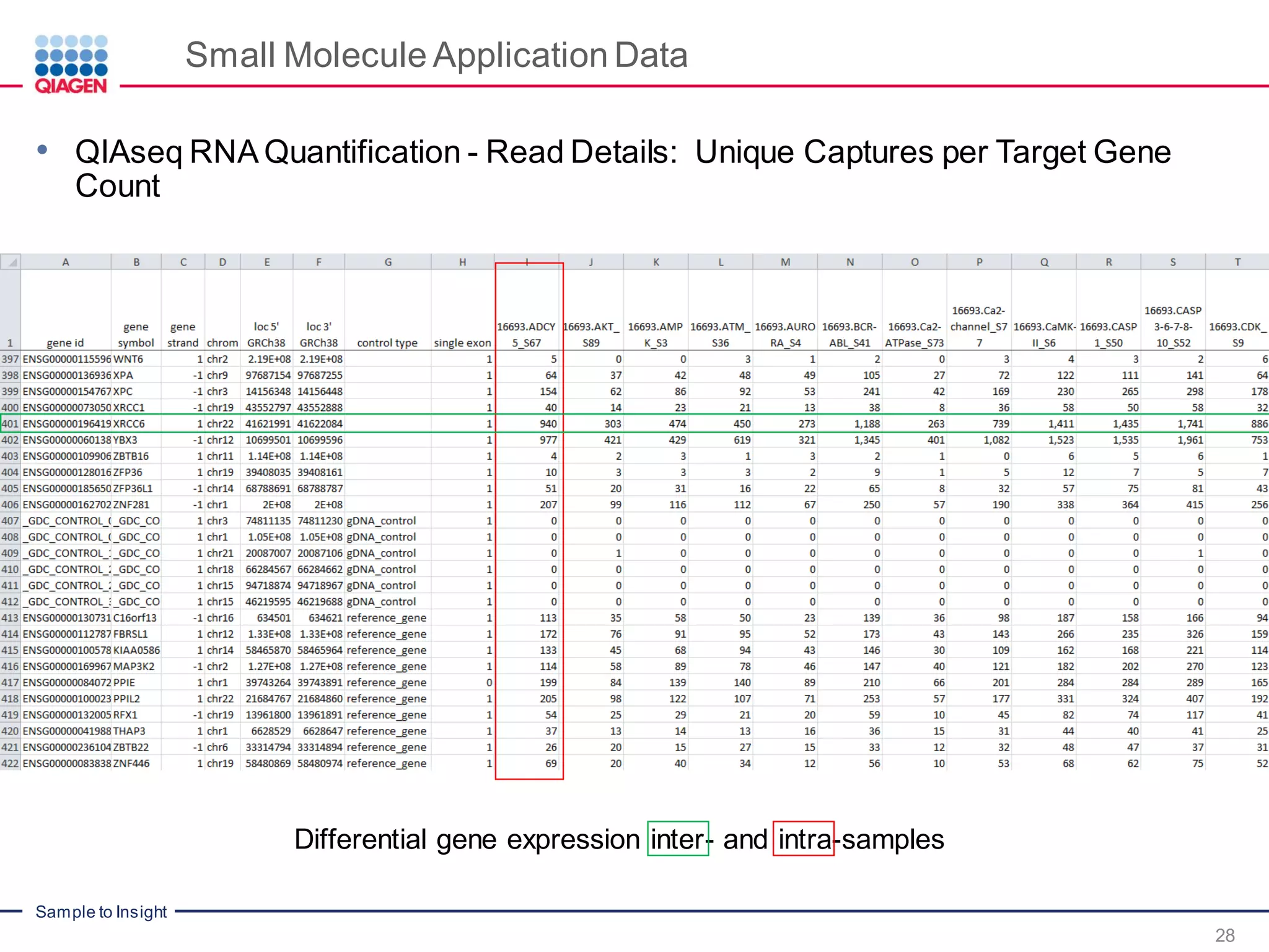 Sample to Insight
Small Molecule Application Data
28
• QIAseq RNA Quantification - Read Details: Unique Captures per Target Gene
Count
Differential gene expression inter- and intra-samples
 
