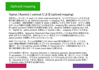 (Spliced) mapping
Tophat / Bowtie2 / subread hps (spliced) mapping)
R Re I 9 a I I 9 I9E IAG uP o x fTca
e h tdTs I I E E D l D9GGAE s i
R i P e D 2) u ,2) h dWq s P
j i ta h s f SsamPD9GGAE h GCA AE dTs
GCA BLE A E u s hgs N A j g D9GGAE C eS
rP G 9 jP GCA BLE A E u d N A h PD9GGAE s R eSs
19GGAE jP L E )CA ED E 19G 9D n j h ts
)1 j b P )1 j w R e vw u sffnhP
GCA BLE A E u o TpUhgcdTs
i ejP/CCLDAE9 A E D h I I E E D N A 8) AE
o 9EE 9 A E vw WtdTs 2 / -1 0 P R en
gs vw x j DD( DD ej ( p Tqts g
PA E D Wq ,0 e gT jPI I E E D Wq N A LAC u T
d N A AE u s Ss
)1 vw hjP i fi I I 9 tdTs WqP
E i u a vw 9EE 9 A E vw f u TdP
Pn j GCA AE M9IA9E n a I9E IAG i R u s feP
h Ts R I 9 LE 9 9 qts
 