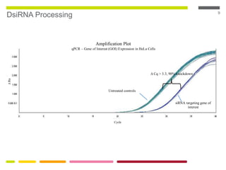 9
DsiRNA Processing
Untreated controls
siRNA targeting gene of
interest
Cycle
∆Rn
∆ Cq > 3.3, 90% knockdown
Amplification Plot
qPCR – Gene of Interest (GOI) Expression in HeLa Cells
 