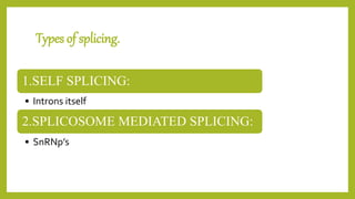 Types of splicing.
1.SELF SPLICING:
• Introns itself
2.SPLICOSOME MEDIATED SPLICING:
• SnRNp’s
 