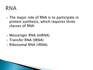    The major role of RNA is to participate in
    protein synthesis, which requires three
    classes of RNA:

   Messenger RNA (mRNA)
   Transfer RNA (tRNA)
   Ribosomal RNA (rRNA).
 
