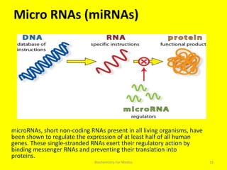 Micro RNAs (miRNAs)
microRNAs, short non-coding RNAs present in all living organisms, have
been shown to regulate the expression of at least half of all human
genes. These single-stranded RNAs exert their regulatory action by
binding messenger RNAs and preventing their translation into
proteins.
33Biochemistry For Medics
 