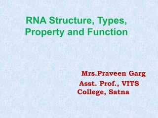RNA Structure, Types,
Property and Function
Mrs.Praveen Garg
Asst. Prof., VITS
College, Satna
 