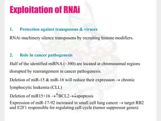 Exploitation of RNAi
1. Protection against transposons & viruses
RNAi machinery silence transposons by recruiting histone modifiers.
2. Role in cancer pathogenesis
Half of the identified miRNA (~300) are located at chromosomal regions
disrupted by rearrangement in cancer pathogenesis.
Deletion of miR-15 & miR-16 will reduce their expression  chronic
lymphocytic leukemia (CLL)
Deletion of miR15+16 BCL2apoptosis
Expression of miR-17-92 increased in small cell lung cancer  target RB2
and E2F1 responsible for regulating cell cycle (tumor suppressor genes)
 
