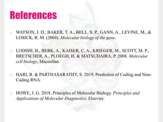 References
o WATSON, J. D., BAKER, T. A., BELL, S. P., GANN, A., LEVINE, M., &
LOSICK, R. M. (2004). Molecular biology of the gene.
o LODISH, H., BERK, A., KAISER, C. A., KRIEGER, M., SCOTT, M. P.,
BRETSCHER, A., PLOEGH, H. & MATSUDAIRA, P. 2008. Molecular
cell biology, Macmillan.
o HARI, R. & PARTHASARATHY, S. 2019. Prediction of Coding and Non-
Coding RNA.
o HOWE, J. G. 2018. Principles of Molecular Biology. Principles and
Applications of Molecular Diagnostics. Elsevier.
 