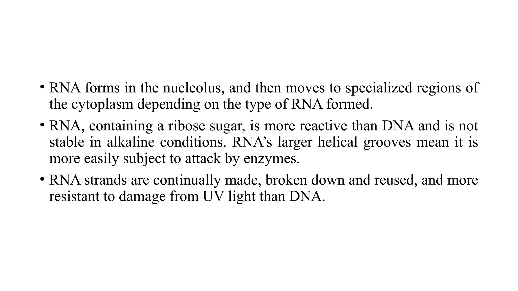 • RNA forms in the nucleolus, and then moves to specialized regions of
the cytoplasm depending on the type of RNA formed.
• RNA, containing a ribose sugar, is more reactive than DNA and is not
stable in alkaline conditions. RNA’s larger helical grooves mean it is
more easily subject to attack by enzymes.
• RNA strands are continually made, broken down and reused, and more
resistant to damage from UV light than DNA.
 