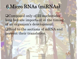 6.Micro RNAs (miRNAs)
Composed only of 22 nucleotides
long but are important in the timing
of an organism’s development.
Bind to the sections of mRNA and
prevent their translation.
21Biochemistry For Medics
 