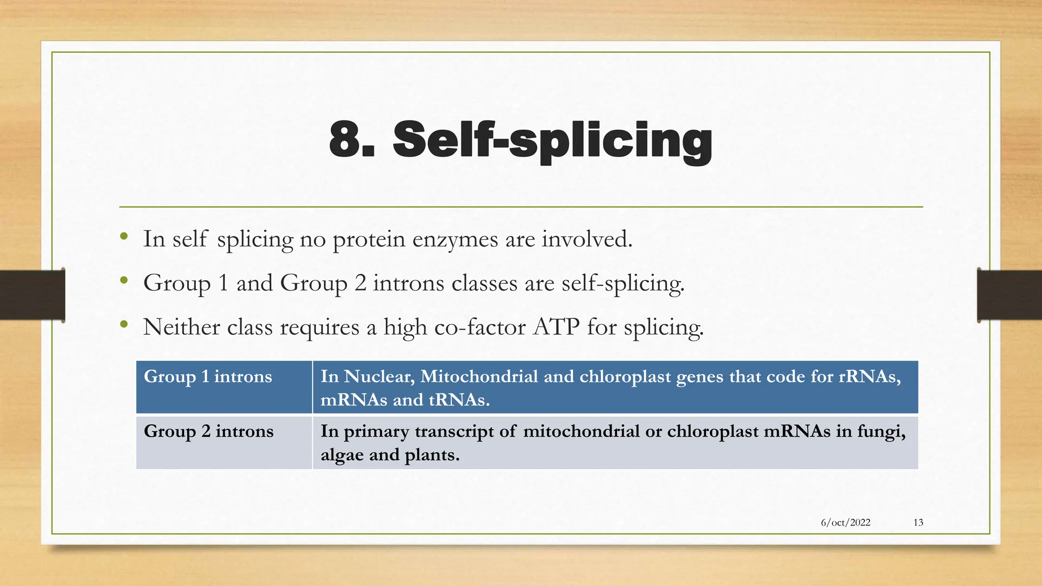 8. Self-splicing
• In self splicing no protein enzymes are involved.
• Group 1 and Group 2 introns classes are self-splicing.
• Neither class requires a high co-factor ATP for splicing.
6/oct/2022 13
Group 1 introns In Nuclear, Mitochondrial and chloroplast genes that code for rRNAs,
mRNAs and tRNAs.
Group 2 introns In primary transcript of mitochondrial or chloroplast mRNAs in fungi,
algae and plants.
 