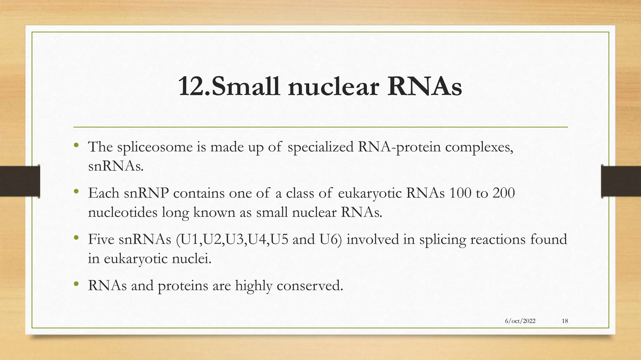 12.Small nuclear RNAs
• The spliceosome is made up of specialized RNA-protein complexes,
snRNAs.
• Each snRNP contains one of a class of eukaryotic RNAs 100 to 200
nucleotides long known as small nuclear RNAs.
• Five snRNAs (U1,U2,U3,U4,U5 and U6) involved in splicing reactions found
in eukaryotic nuclei.
• RNAs and proteins are highly conserved.
6/oct/2022 18
 