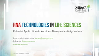 Potential Applications in Vaccines, Therapeutics & Agriculture
For more info, contact us: xeraya@xeraya.com
Follow us: @xerayacapital
www.xeraya.com
RNA Technologies in Life Sciences
1 July 2021. © Xeraya Capital.