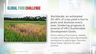 Global Food Challenge
Source: https://www.cabi.org/projects/global-burden-of-crop-loss/
16 July 2021. © Xeraya Capital.
Worldwide, an estimated
20-40% of crop yield is lost to
pests and diseases every
year, hindering progress in
several of UN’s Sustainable
Development Goals.
Many destructive insects, weeds,
viruses and fungi have developed
resistance to pesticides. Farmers
have fewer options for pest
control.
Credit: International Rice Research Institute