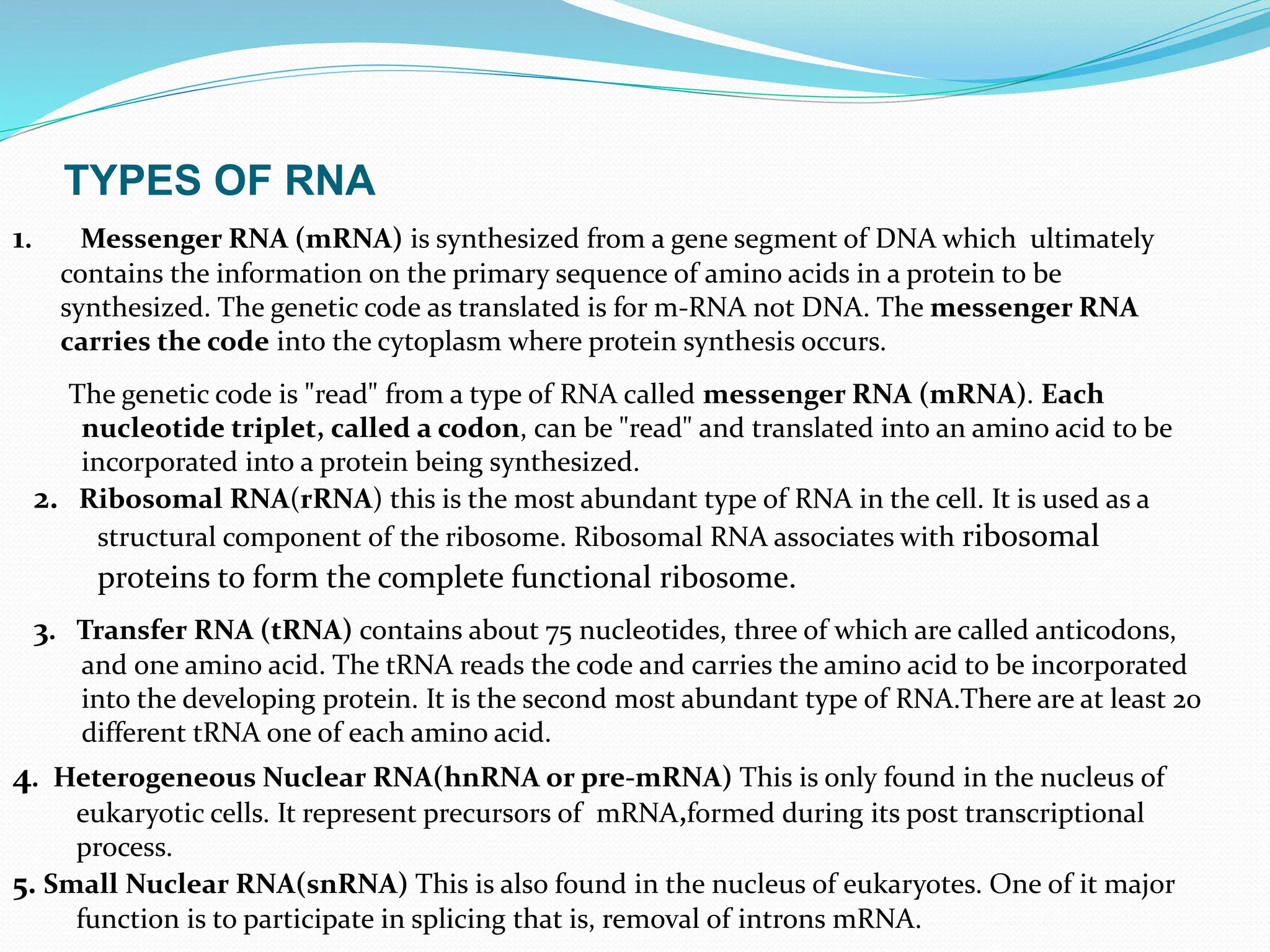 TYPES OF RNA
1. Messenger RNA (mRNA) is synthesized from a gene segment of DNA which ultimately
contains the information on the primary sequence of amino acids in a protein to be
synthesized. The genetic code as translated is for m-RNA not DNA. The messenger RNA
carries the code into the cytoplasm where protein synthesis occurs.
The genetic code is "read" from a type of RNA called messenger RNA (mRNA). Each
nucleotide triplet, called a codon, can be "read" and translated into an amino acid to be
incorporated into a protein being synthesized.
2. Ribosomal RNA(rRNA) this is the most abundant type of RNA in the cell. It is used as a
structural component of the ribosome. Ribosomal RNA associates with ribosomal
proteins to form the complete functional ribosome.
3. Transfer RNA (tRNA) contains about 75 nucleotides, three of which are called anticodons,
and one amino acid. The tRNA reads the code and carries the amino acid to be incorporated
into the developing protein. It is the second most abundant type of RNA.There are at least 20
different tRNA one of each amino acid.
4. Heterogeneous Nuclear RNA(hnRNA or pre-mRNA) This is only found in the nucleus of
eukaryotic cells. It represent precursors of mRNA,formed during its post transcriptional
process.
5. Small Nuclear RNA(snRNA) This is also found in the nucleus of eukaryotes. One of it major
function is to participate in splicing that is, removal of introns mRNA.
 