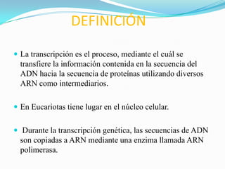 DEFINICIÓN
 La transcripción es el proceso, mediante el cuál se
  transfiere la información contenida en la secuencia del
  ADN hacia la secuencia de proteínas utilizando diversos
  ARN como intermediarios.

 En Eucariotas tiene lugar en el núcleo celular.


 Durante la transcripción genética, las secuencias de ADN
  son copiadas a ARN mediante una enzima llamada ARN
  polimerasa.
 