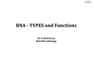 RNA - TYPES and Functions
Dr. P. Srinivasan
HoD-Microbiology
 