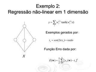 Exemplo 2:
Regressão não-linear em 1 dimensão
      y
                 y = ∑ w(2) tanh( w(1) x)
                        j          j
                       j



                Exemplos gerados por :

                  tn = sen(2π xn ) + ruido


               Função Erro dada por:

      x                   1 N
                  E (w ) = ∑ [ yn (w ) − tn ]2
                          2 n =1
 