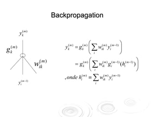 Backpropagation

          yk m )
           (


                                                 ⎛                    ⎞
    (m)                         yk m ) = g k m ) ⎜ ∑ wikm ) yi( m −1) ⎟
                                  (        (          (
g   k                                            ⎝ i                  ⎠
                                            (m) ⎛                       ( m −1) ⎞
                                       = g k ⎜ ∑ wik gi (hi
                      (m)                              ( m ) ( m −1)
                      w
                      ik
                                                                               )⎟
                                                 ⎝ i                            ⎠
                               , onde hi( m ) ≡ ∑ wikm ) yi( m −1)
                                                        (

          yi( m −1)                                i
 