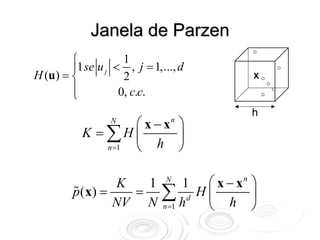 Janela de Parzen
        ⎧           1
        ⎪1 se u j < , j = 1,..., d
H (u) = ⎨           2                 X
        ⎪
        ⎩          0, c.c.
                                      h
                 N
                   ⎛x−x ⎞      n
          K = ∑H ⎜      ⎟
              n =1 ⎝ h ⎠

                 K  1      1 ⎛ x − xn ⎞
                              N
        p ( x) =   = ∑ d H⎜           ⎟
                 NV N n =1 h ⎝ h ⎠
 