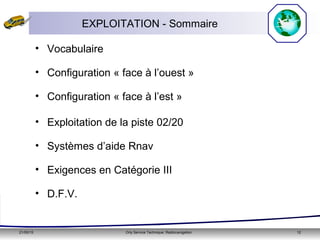 21/05/15 Orly Service Technique: Radionavigation 12
EXPLOITATION - Sommaire
• Vocabulaire
• Configuration « face à l’ouest »
• Configuration « face à l’est »
• Exploitation de la piste 02/20
• Systèmes d’aide Rnav
• Exigences en Catégorie III
• D.F.V.
 