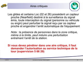 21/05/15 Orly Service Technique: Radionavigation 30
Aires critiques
Les glides et certains Loc (02 et 26) possèdent un capteur
proche (Nearfield) destiné à la surveillance du signal
émis, toute interception du signal (personne ou véhicule
ou engin) peut perturber le signal reçu par ce capteur
proche et engendrer l’arrêt automatique de l’équipement
Nota : la présence de personnes dans la zone critique,
même à la limite, peut induire une perturbation
entraînant l’arrêt de la station.
Si vous devez pénétrer dans une aire critique, il faut
demander l’autorisation au service technique de la
tour (supervision 5 66 20)
 
