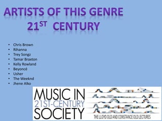 • Chris Brown 
• Rihanna 
• Trey Songz 
• Tamar Braxton 
• Kelly Rowland 
• Beyoncé 
• Usher 
• The Weeknd 
• Jhene Alko 
 