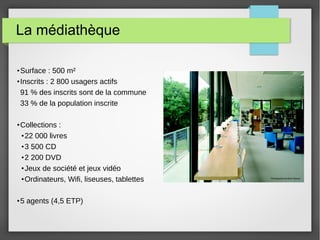 La médiathèque
●
Surface : 500 m²
●
Inscrits : 2 800 usagers actifs
91 % des inscrits sont de la commune
33 % de la popula...