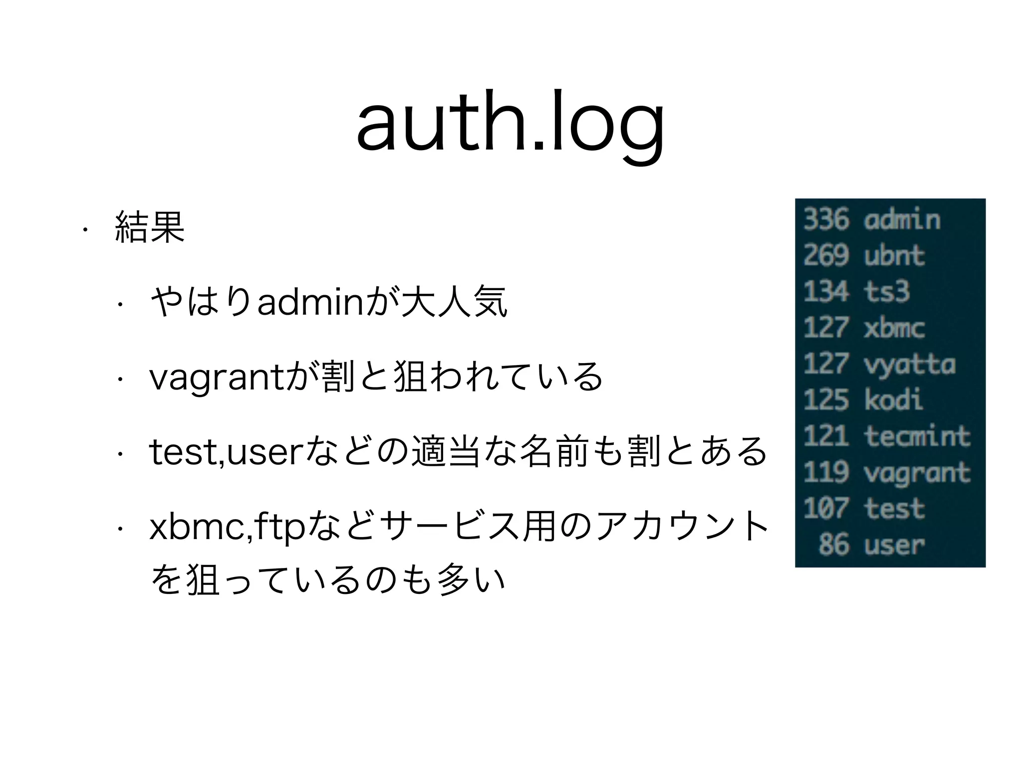 auth.log
• 結果
• やはりadminが大人気
• vagrantが割と狙われている
• test,userなどの適当な名前も割とある
• xbmc,ftpなどサービス用のアカウント 
を狙っているのも多い
 